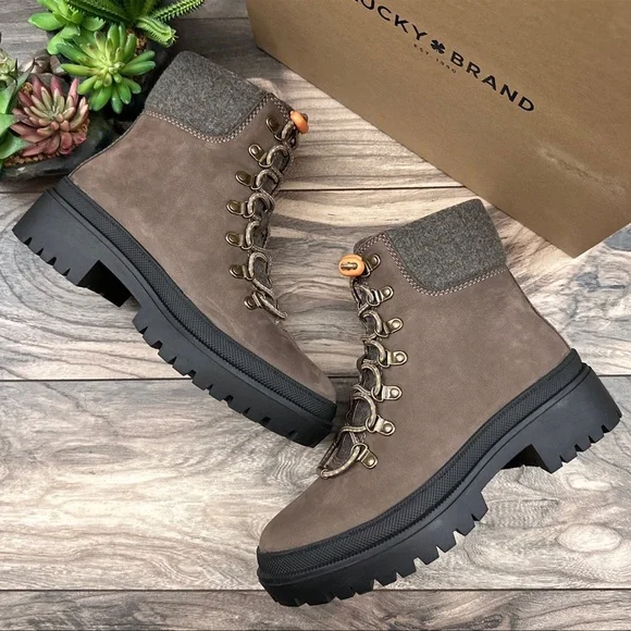 NIB Lucky Brand Eavan Lace Up Combat Boots Falcon Milled Nubuck Leather 8M - Picture 2 of 12